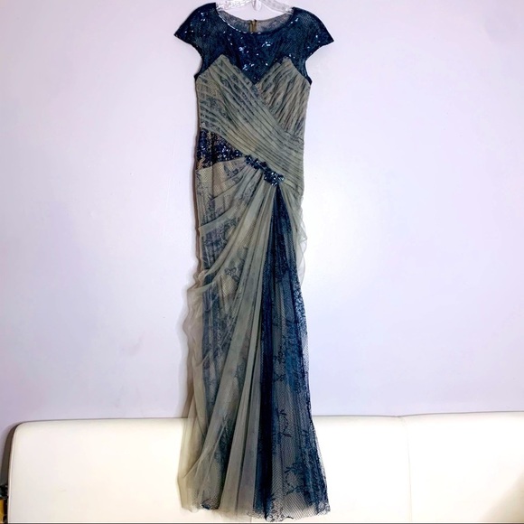 Tadashi Shoji lace beaded tulle navy grey layer full length drape gown formal 6 - Picture 2 of 10